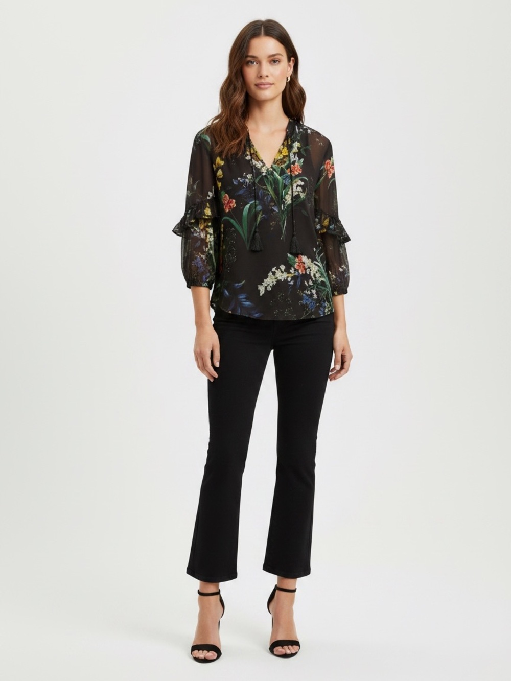 Chico's Black Floral V-Neck Ruffle-Sleeve Blouse Romantic Cottagecore Size S